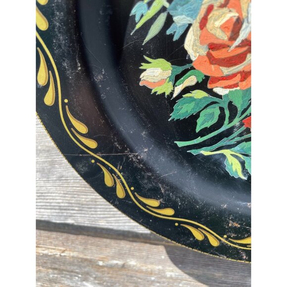 Antique 1930s Metal Toleware Hand Painted wall Plate Roses Flowers - Picture 15 of 16